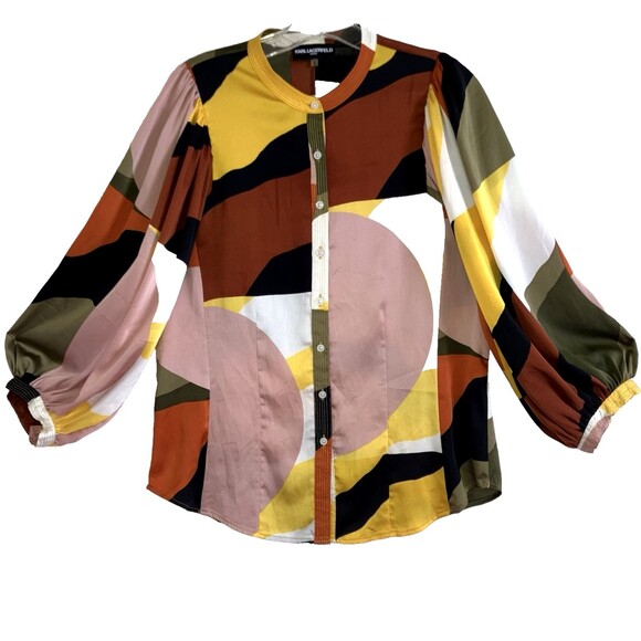 KARL LAGERFELD S Flowy Colorblock Satin Balloon Sleeve Tunic Top Blouse Logo - Picture 1 of 6